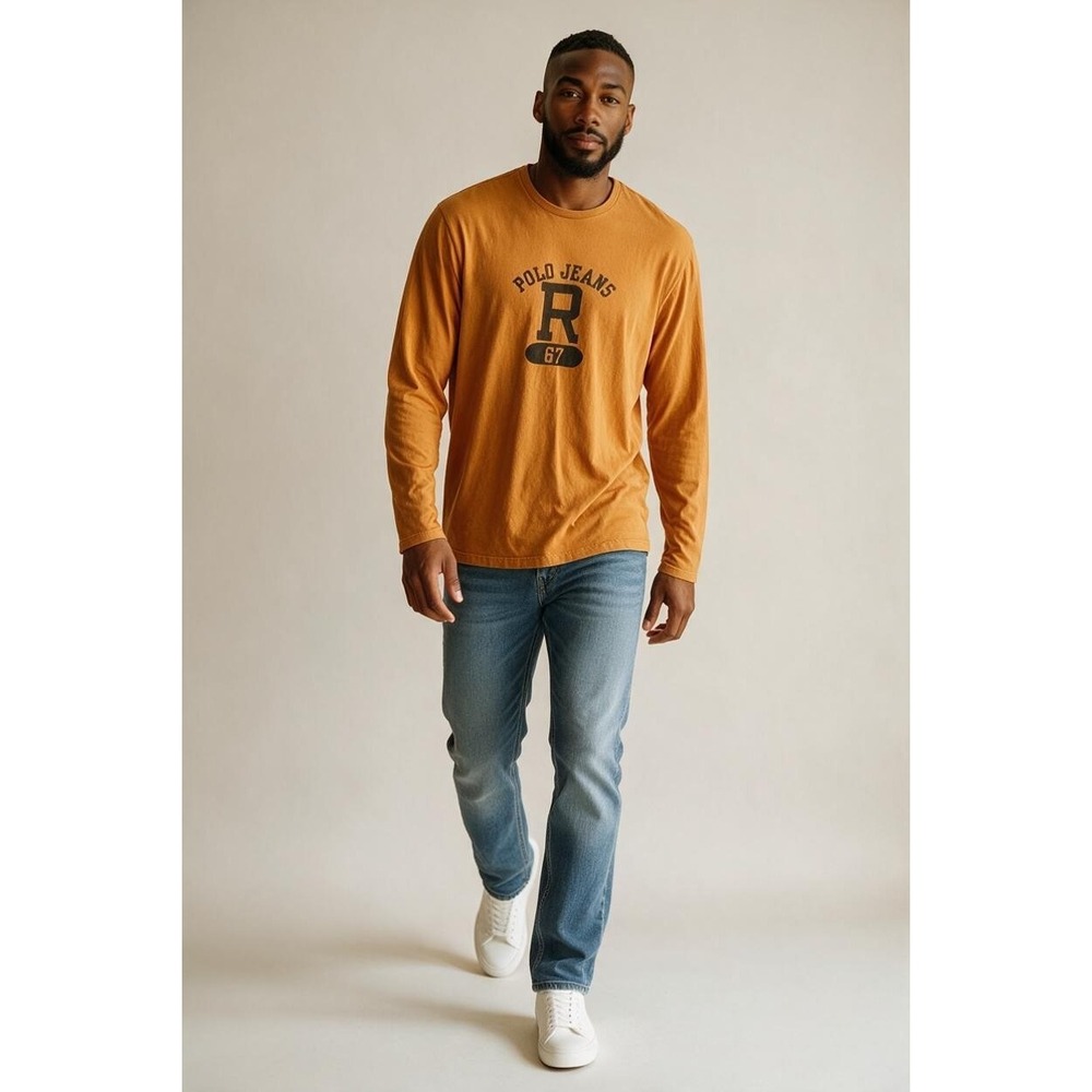 Polo Jeans Co Long Sleeve Shirt Mens XL Orange Good Graphic R 67 Crew Neck